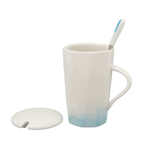 400 ml keramisk krus med blækstil, kaffekrus i keramik med ske og låg til hjemmet/kontoret, cyan
