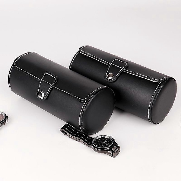 Rese-klockförvaringsfodral - 3 Positioner PU Läder Cylindrisk Klockbox (Svart)