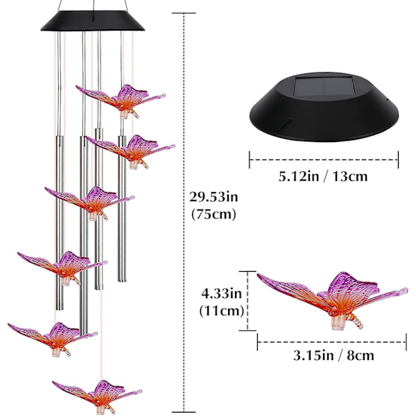 Solcells-driven fjärilsvindspel med färgförändrande LED-lampor - Perfekt present till mamma, mormor, alla hjärtans dag - Idealisk för trädgård och uteplats