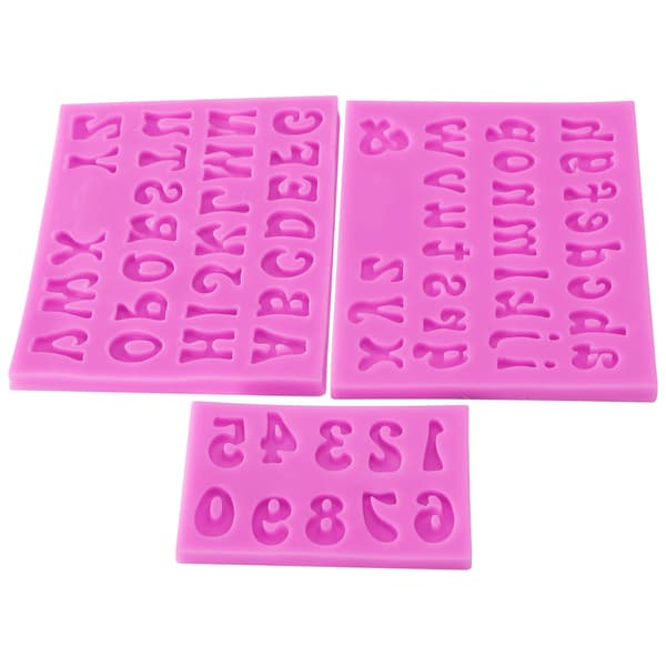 3 stk. alfanumerisk silikonform for store og små bokstaver til DIY kake, leire, sjokolade, rosa