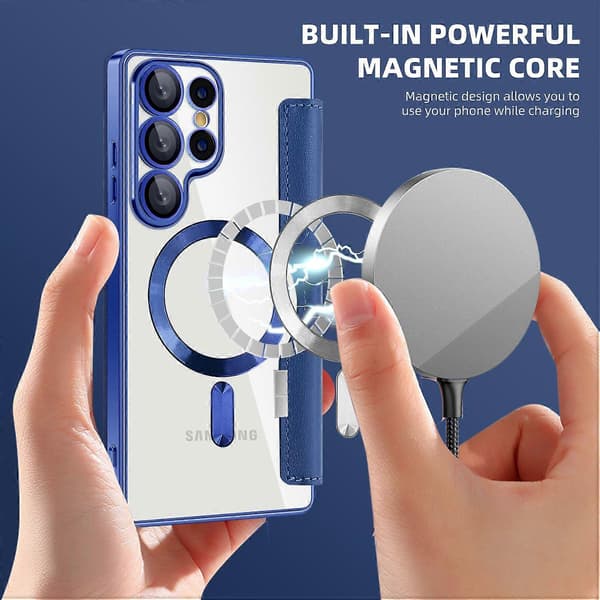 For Samsung Galaxy S25 Ultra Case Compatible with MagSafe RFID Blocking Leather Phone Cover Azure Azure Sapphire