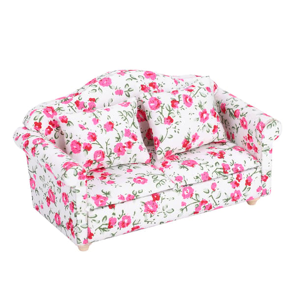 Dukkehus Tilbehør Blomstermønster Mini Møbler Dobbelt Sofa til 1/12 Skala Dukke (#2)