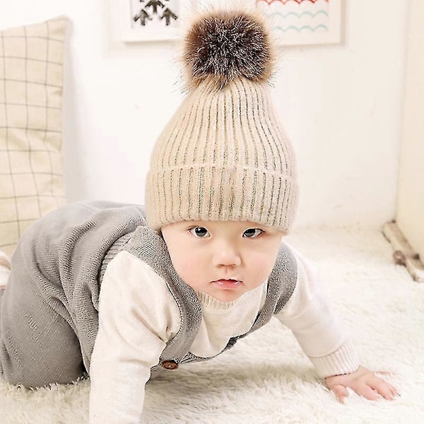 Höst Vinter Spädbarn Baby Ullgarn Stickad Mössa Mjuk Varm Pompom Mössa Qinhai Svart