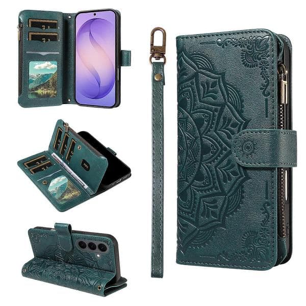 Compatible with Samsung Galaxy S26 Wallet Case Mandala Embossed Leather Flip Cover 9 Card Slots Zipper Pocket RFID Shell