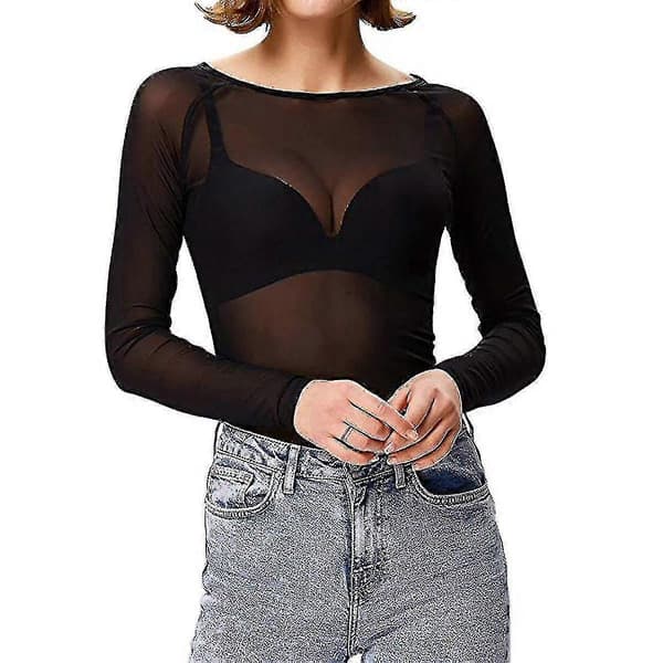 Gennemsigtig langærmet sømløs armformende top mesh bluse til kvinder Sort Black XXL