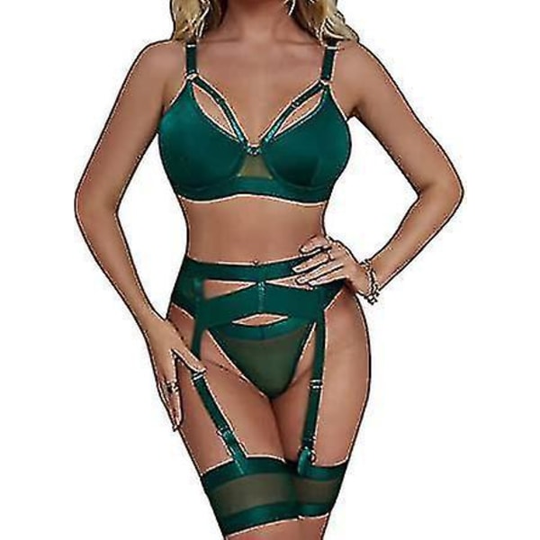 Strappy Lingerie Set med Strømpebånd, BH, Truser og Lårstropper M grønn