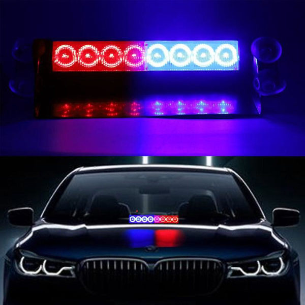Varningsljus med 8 LED-blixtljus för utryckningsfordon, polis, brandmän - kraftigt rött/blått blinkande dimljus