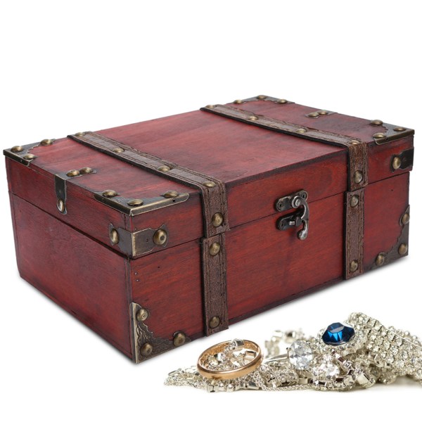 Vintage træopbevaringsboks, dekorativ skattekiste til smykker med lås til hjemmet 6282-2301