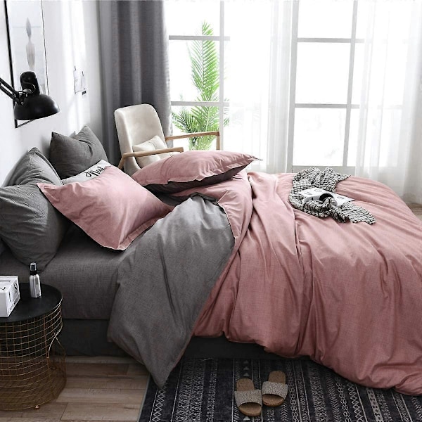 Dynetrekk Dobbeltsengsett, 4 Deler Mikrofiber Ensfarget Rutete Sengsett med 2 Putetrekk og 1 Laken (220x240cm, Rosa)