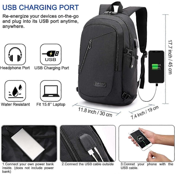 Varkaudenestoreppu kannettavalle tietokoneelle, liikematkareppu USB-latausportilla ja lukolla, vettähylkivä reppu opiskeluun, kouluun ja työhön
