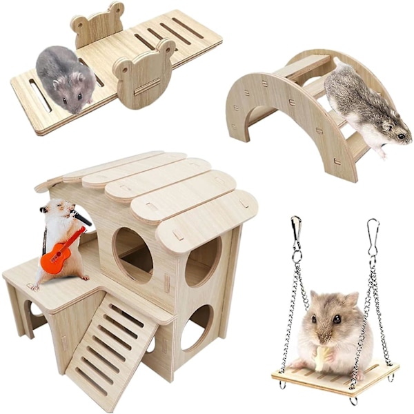 4 Puulelun setti hamstereille, hamsteripelit sisältäen hamsterin talon, keinusillan, hamsteritarvikkeet marsuille, chinchilloille ja venäläisille hamstereille