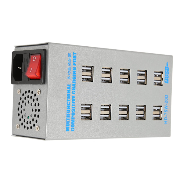 USB-ladestasjon 75W 20 porter USB-lader kretsbeskyttelse USB-ladehub 100‑240V for telefon nettbrett hodetelefoner EU-plugg