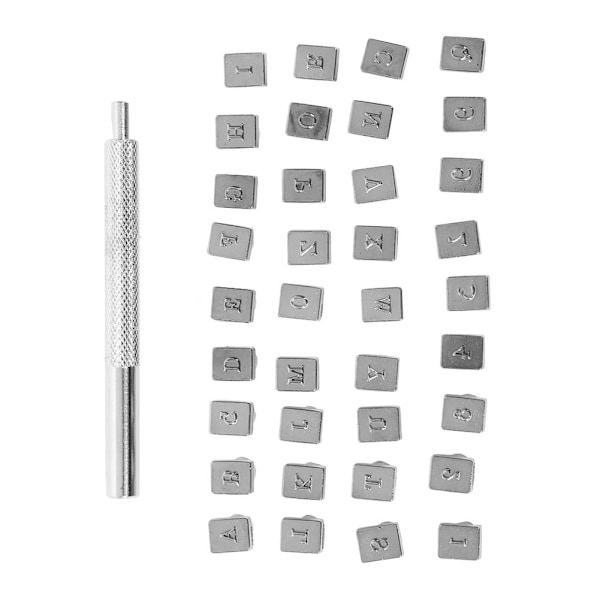 36 stansar i metall, 3 mm, bokstäver, läder, prägling, snidning, märkning, hantverksverktyg