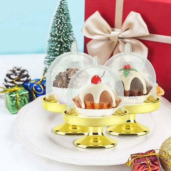 12 st Mini Tårtfat i Plast med Lock, Mini Transparent Tårtfat för Godis, Cupcakes, Suckulenter, Bröllop (Guld Bas)