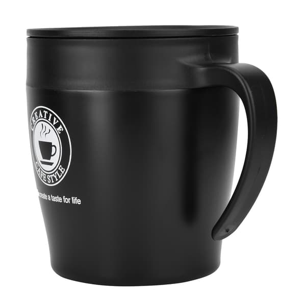 Isoleret kaffekrus i rustfrit stål med ske og låg til kontorrejser (sort)