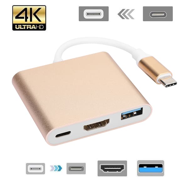 Type C til HDMI Konverter Adapter 3 i 1 Bærbar Multifunksjonell med Metallskall (Gull)