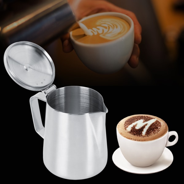 350 ml rustfrit stål mælkehåndværk kaffe latte skum kunstkande kande krus kop med låg