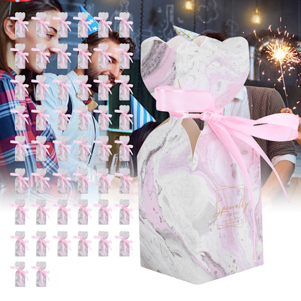50 stk Bryllupsslikæske Emballage Party Favor Box Fødselsdagsgaveæsker med båndPink Marmor
