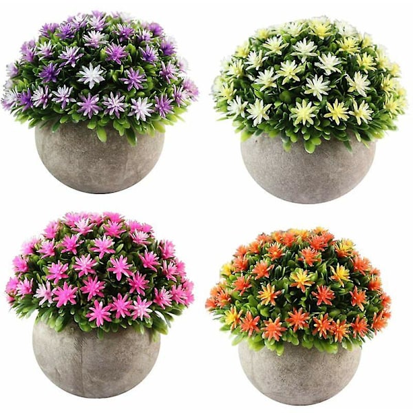 Set med 4 Små Konstgjorda Växter med Kruka, Inomhus Utomhus för Dekoration. (Orange+Rosa+Gul+Lila)
