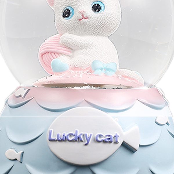 Snow Globe Resin Cat Kristall Snowball Hemdekoration med batteridrivet glittrande ljus och musik Vit katt