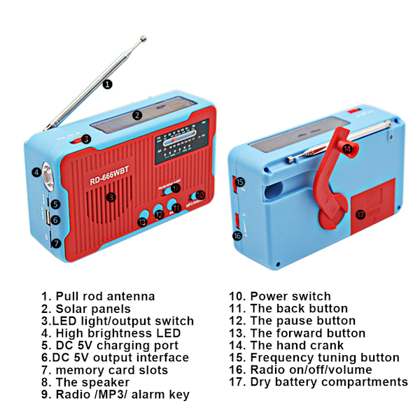 RD-666WBT Kannettava aurinkokäyttöinen hätäkäsikampi AM FM -radio LED-taskulampulla Punainen