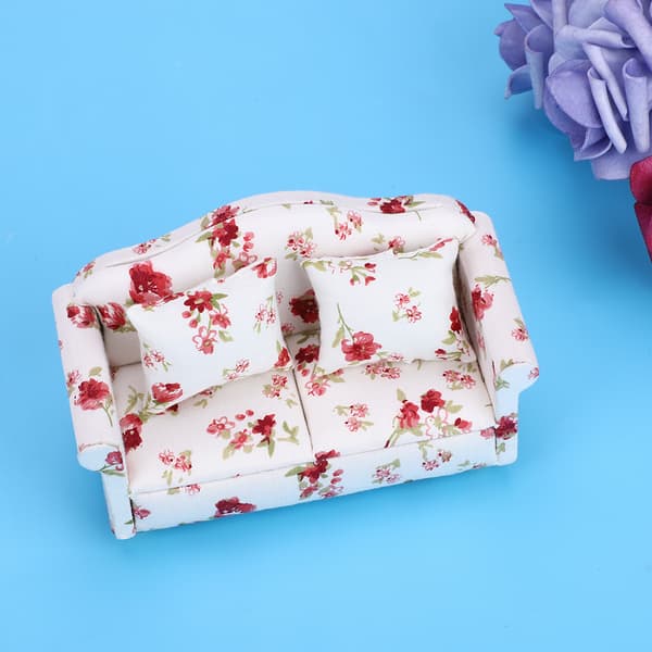 Dukkehus Tilbehør Blomstermønster Mini Møbler Dobbelt Sofa til 1/12 Skala Dukke (#1)