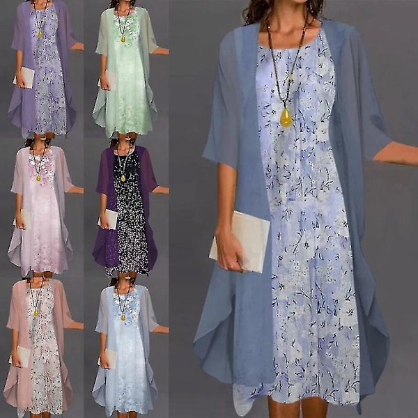 Bohemian Blomstertrykt Todelt Kjolesett - Blå - Dame Casual 3XL