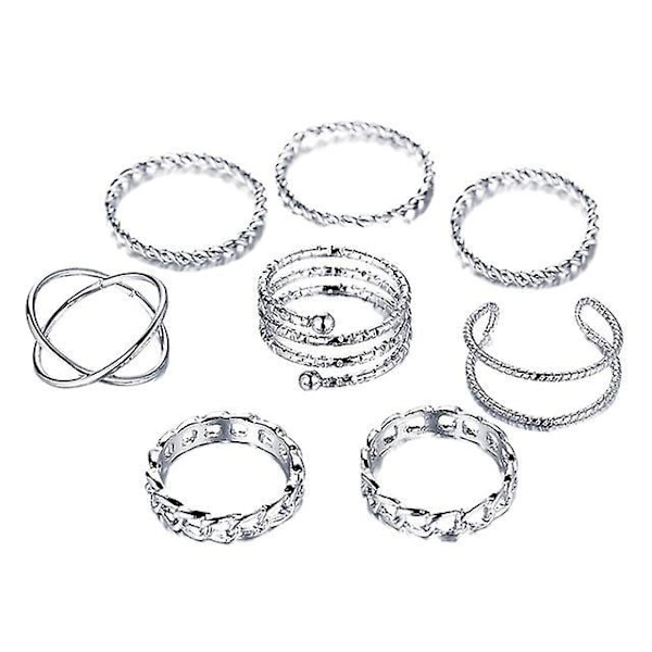 Vintage sølvbelagt knoke midi ringsett - Stablebare fingerringer for kvinner og jenter - Smykkegaver (8 stykker)