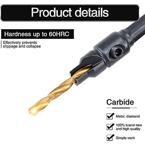 Titanbelagda Bänkskivs Bits, Handborrtillbehörssats Skruvhålsstorlek Countersink Hexskaftborr med 1/4 Set Countersinkborr