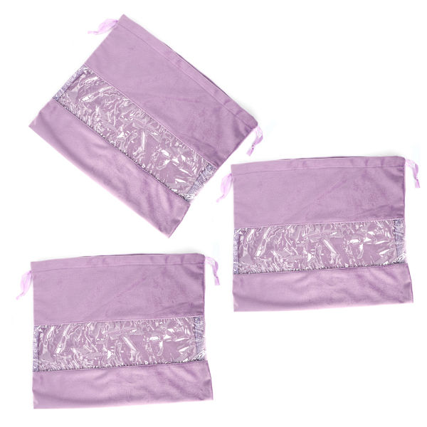 3 kpl pölytiivis samettinen säilytyspussi, jossa kiristysnauha vaatteille, meikeille, kengille, ulkoilmatkalle, 34x29cm, violetti