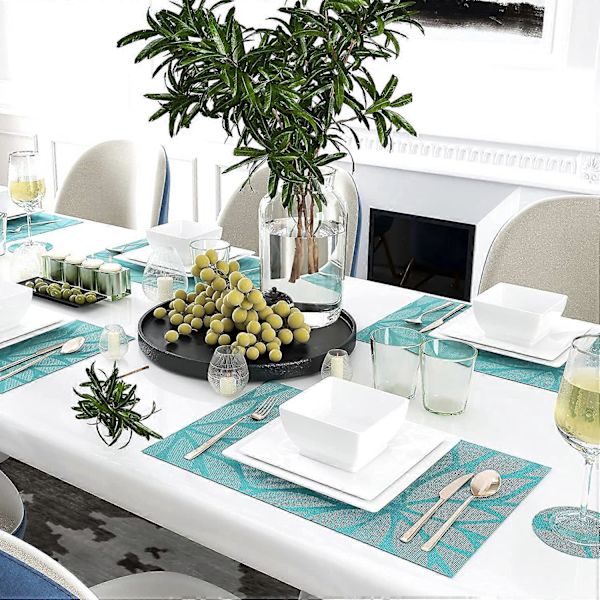 Pöytätabletit Teal, 6 kpl - Kudottu vinyylinen ruokapöydän tabletti, lämmönkestävä, liukumaton, pestävä, helposti pyyhittävä, kotiin ja keittiöön (6 tablettia)(B