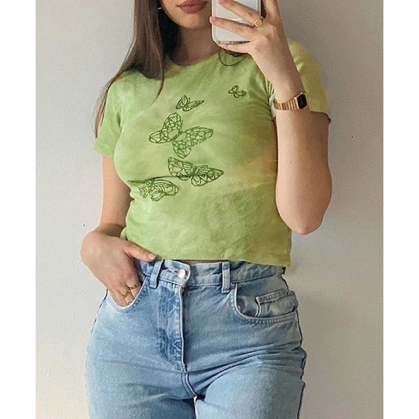 Naisten Y2k Graafinen Painatus Crop Top Söpö Pyöreä Pääntie Lyhythihainen T-paita E-Girls Teini Kesävaatteet Katumuoti vihreä L