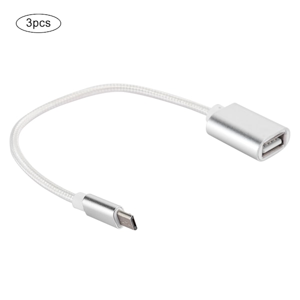 3 stk. flettet kludforstærket stik, ingen rust, jævn transmission, USB-indgang, mikro-udgang, OTG-adapterkabel til Android, sølv