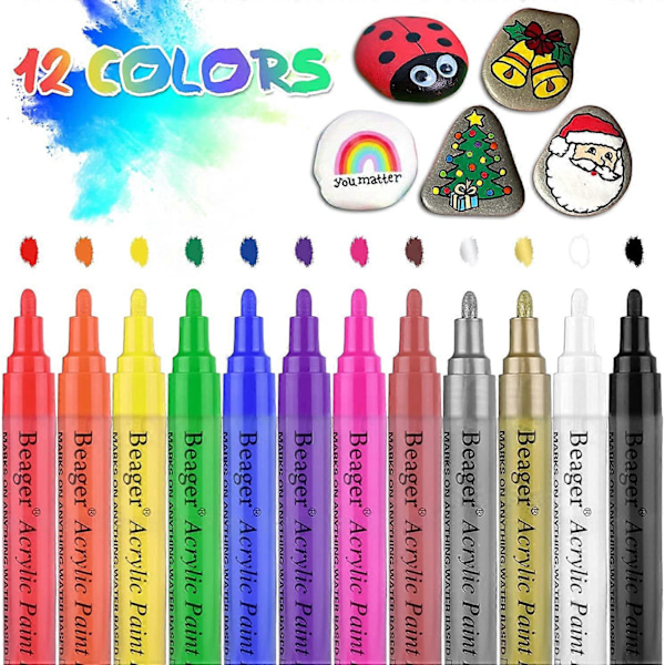 Akryl Paint Markører, 12 Farger Vanntett Permanent Paint Marker Penner for Stein Metall Papir Glass Plast Keramikk Tre DIY Album 0.7mm, 13.2cm