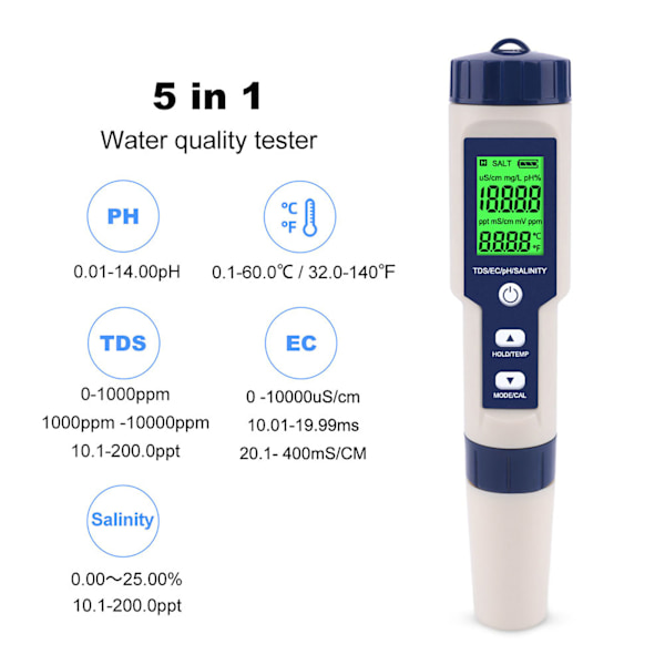 EZ-9909 5-i-1 funktionsmätare för vattenkvalitetstestning PH salthalt TDS EC-testare med bakgrundsbelysning