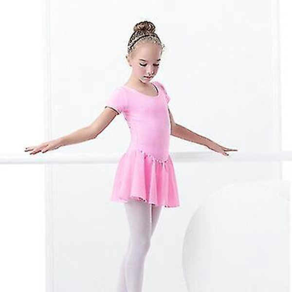 Pige Balletkjole med Kortærmet Leotard og Chiffon Skørter - Elegant Dansetøj med Sløjfe Højde 120-130cm Pink Kortærmet