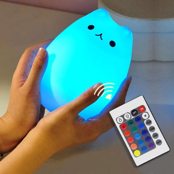 Uppladdningsbart silikon LED tecknat nattlampa för katt med fjärrkontroll, växlande flera färger, varmvit/7 färger, justerbar ljusstyrka för barn