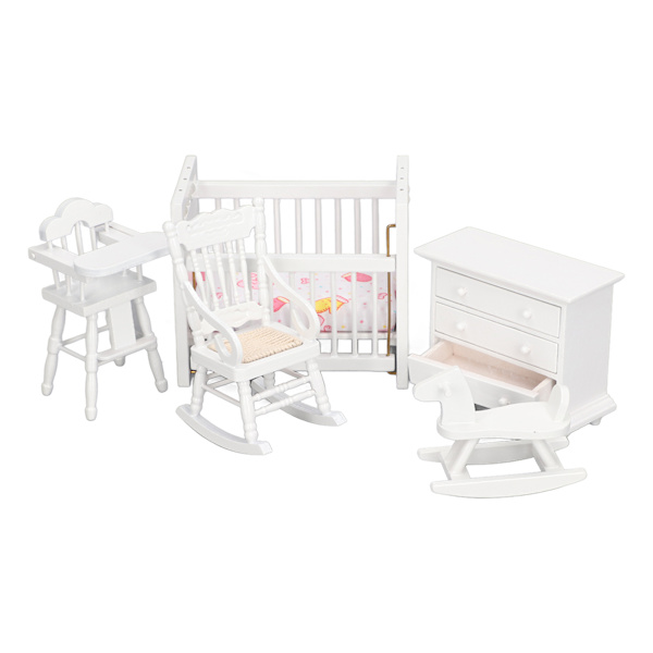 1:12 Dockhusmöbler Modell Set Miniatyr Baby Spjälsäng Gunghäst Stol Skåp Dekoration Tillbehör