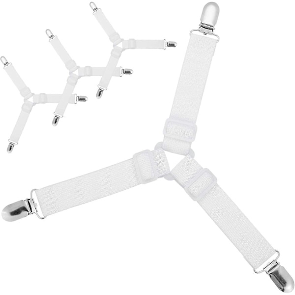 4 stk. Triangel Justerbare Lakenfester, Lakenklemmer med Elastiske Holderstropper og Andenebb Metallklemmer (Hvit)