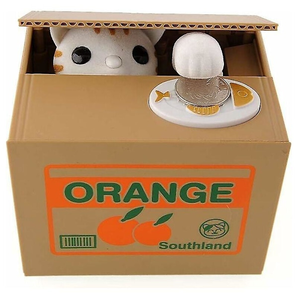 Spargris Sparbössa, Söt Djur Spargris Stjäl Pengar, Vit Katt, Orange