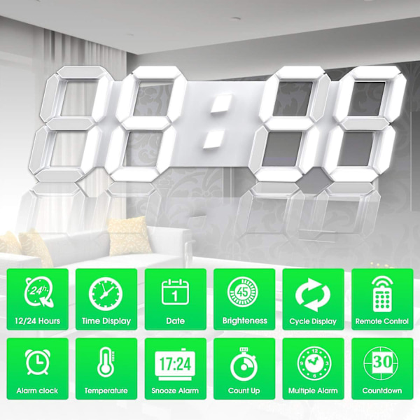 3D LED Väggklocka 38 cm Nattlampa med Fjärrkontroll, Sovrumsinredning Digital Väggklocka med Alarm Timer Nattlampa Klocka för Sovrum Kontor Café Vardagsrum R