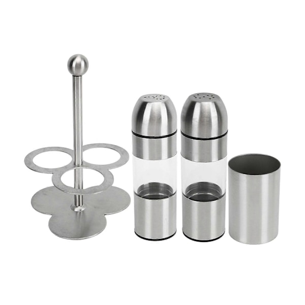 Krydderflaske i rustfritt stål, multifunksjonell, matvaregodkjent, gjenfyllbar, rustsikker, salt- og pepperbeholdere, sett med krydderflaske x 2, krydderkopp x 1