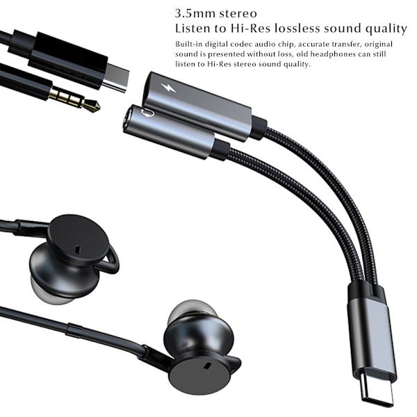 Type-C-3,5 mm:n kuuloke- ja laturiadapteri 2-in-1 USB-C-3,5 mm:n audioadapteri