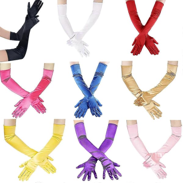 Lange satinhandsker til kvinder, formelle satinhandsker, bryllupshandsker, bankethandsker, performancehandsker, balhandsker, dansehandsker, rosenrød White