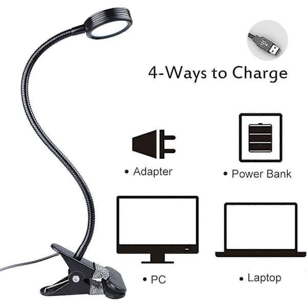 Clip-on Lampe/Læselampe/Lysfarve kan ændres/Natlampe Clip-on til Skrivebord, Sengegavl og Computere (Sort)