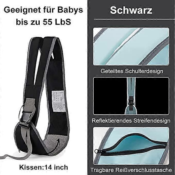 Reflekterende designer bæresele til baby (sort), bærbar ergonomisk bæresele, justerbar og komfortabel skulderstrop, blød og skridsikker bæresele til baby