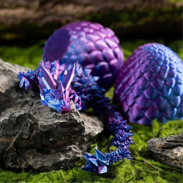 3D-printet drage i egg, fullt artikulert krystall-drage med drageegg, hjemmekontor dekor