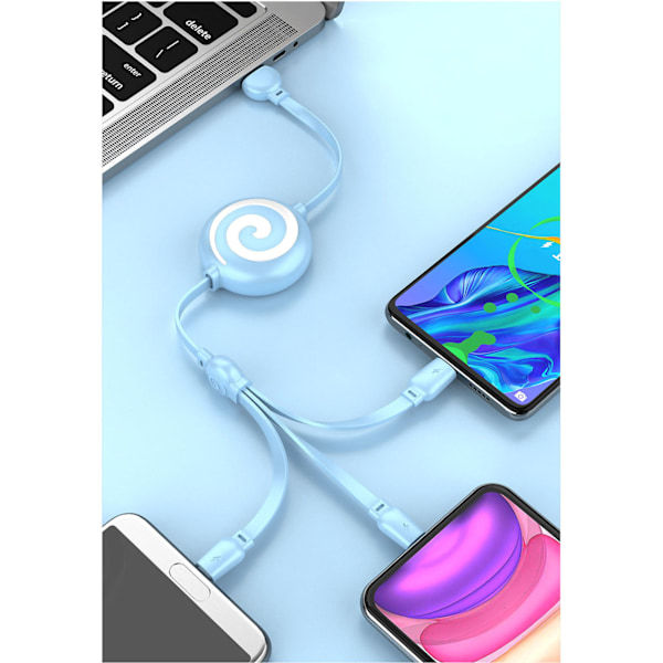3 i 1 USB-laddningskabel Lollipop-form Sträckbar Snabbladdningstelefonkabel för IOS för Android för Huawei Sky Blue