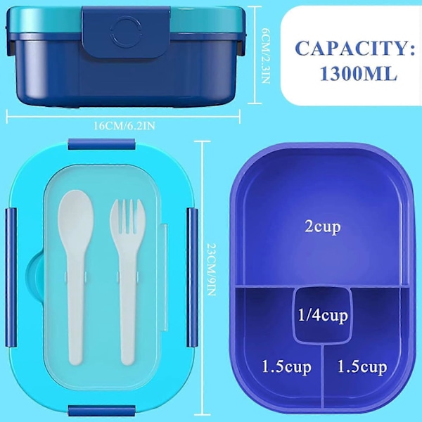 Matboks for voksne og barn, Bento-boks med 4 rom, 1300ML lekkasjesikre matbeholdere, mikrobølgeovn- og oppvaskmaskinsikre materialer
