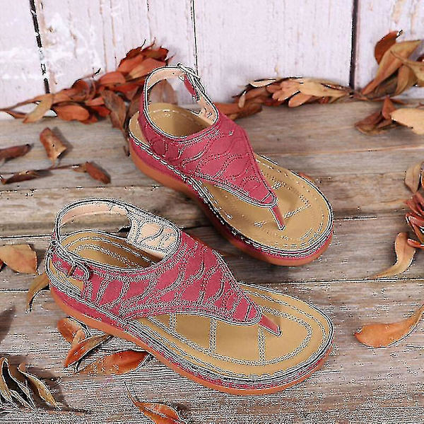 Ortopædiske Kvinders Vinrøde Casual Flade Flip Flops Lave Kile Sandaler UK7 (EU41)